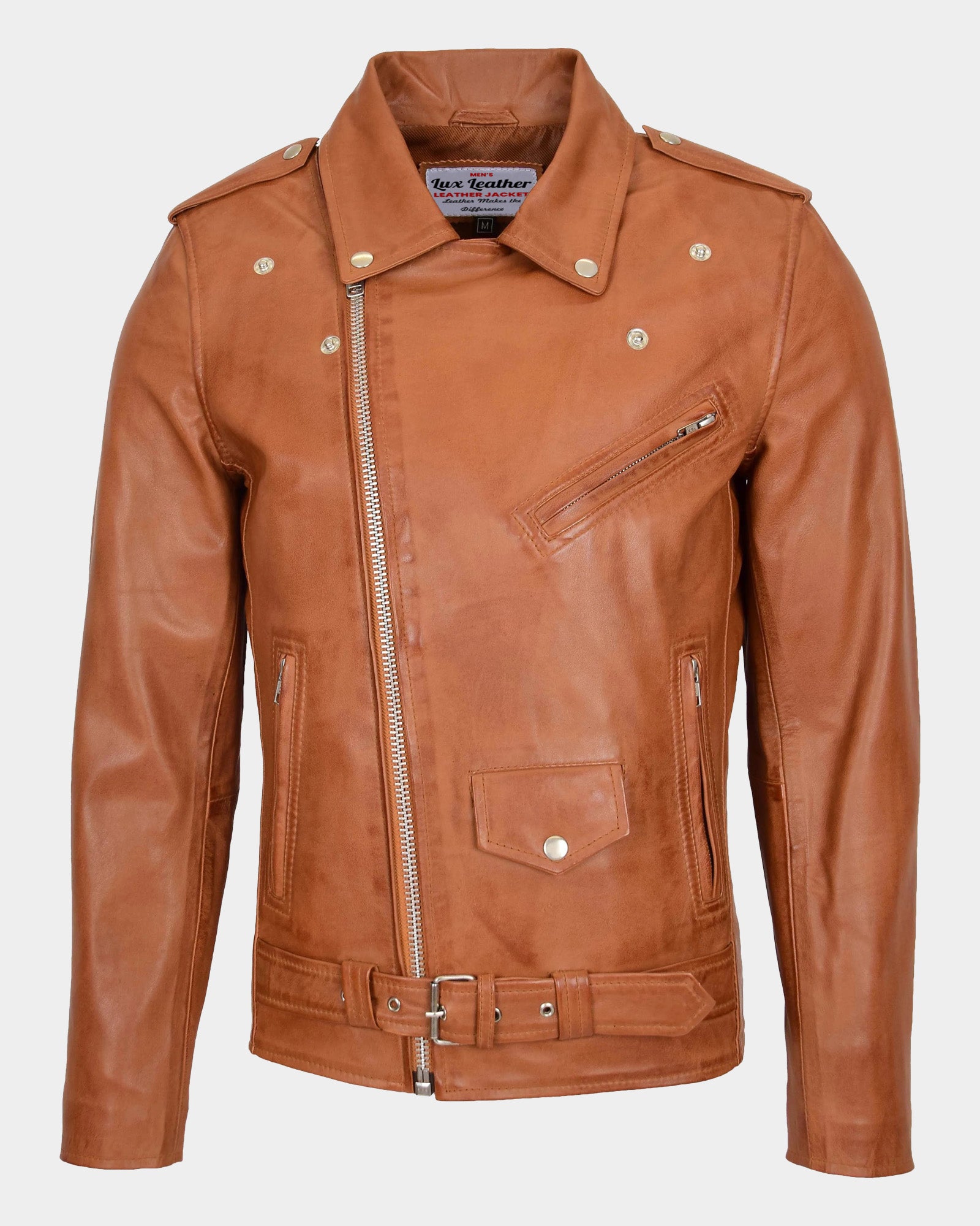 Men's Leather Biker Jacket Brando Style Johnny Dynamo Tan