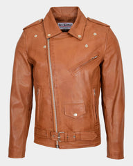 Men's Leather Biker Jacket Brando Style Johnny Dynamo Tan