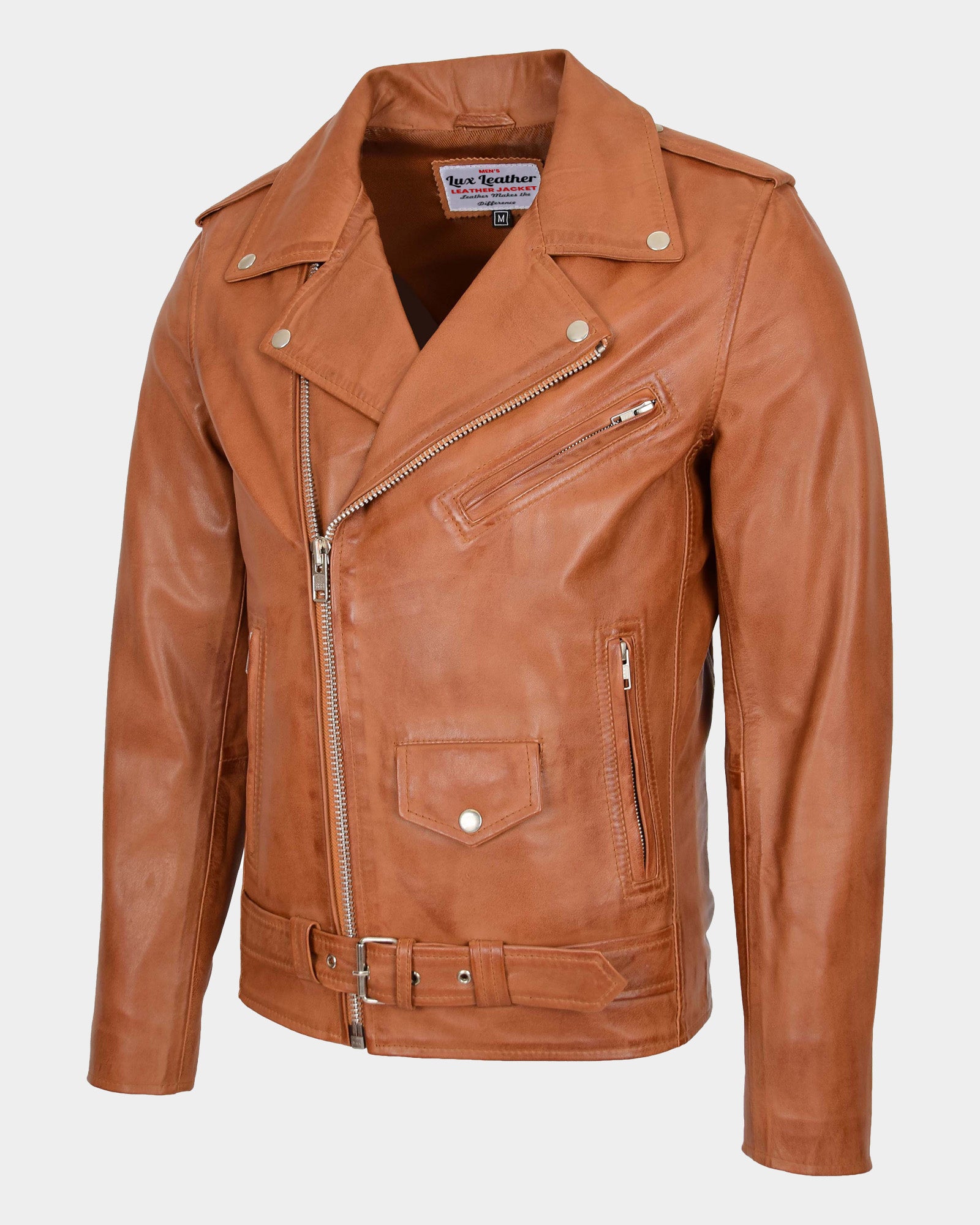 Men's Leather Biker Jacket Brando Style Johnny Dynamo Tan