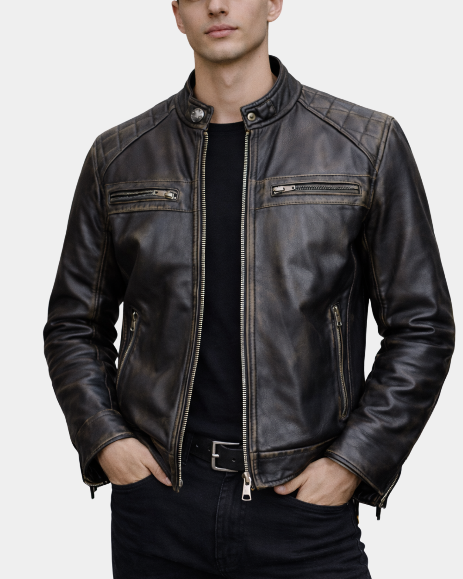 Men's Biker Leather Jacket Standing Collar Bowie Rub Off