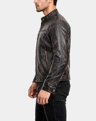 Men's Biker Leather Jacket Standing Collar Bowie Rub Off