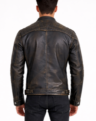 Men's Biker Leather Jacket Standing Collar Bowie Rub Off