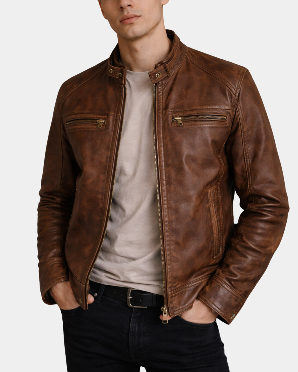 Men's Cafe Racer Leather Jacket Zenith Brown – Lux Leather USA