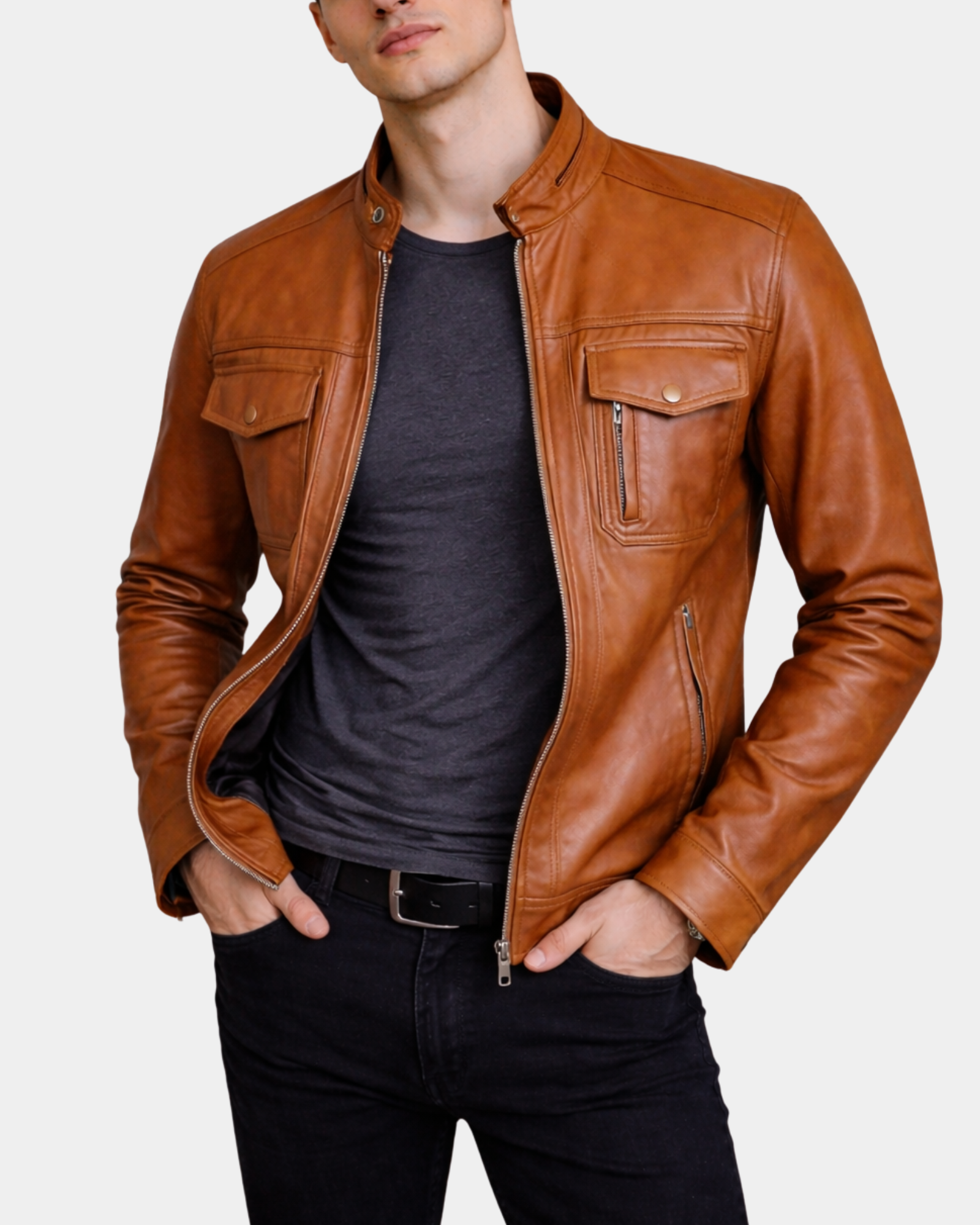 Mens Casual Biker Leather Jacket Jaime Dynamo Tan