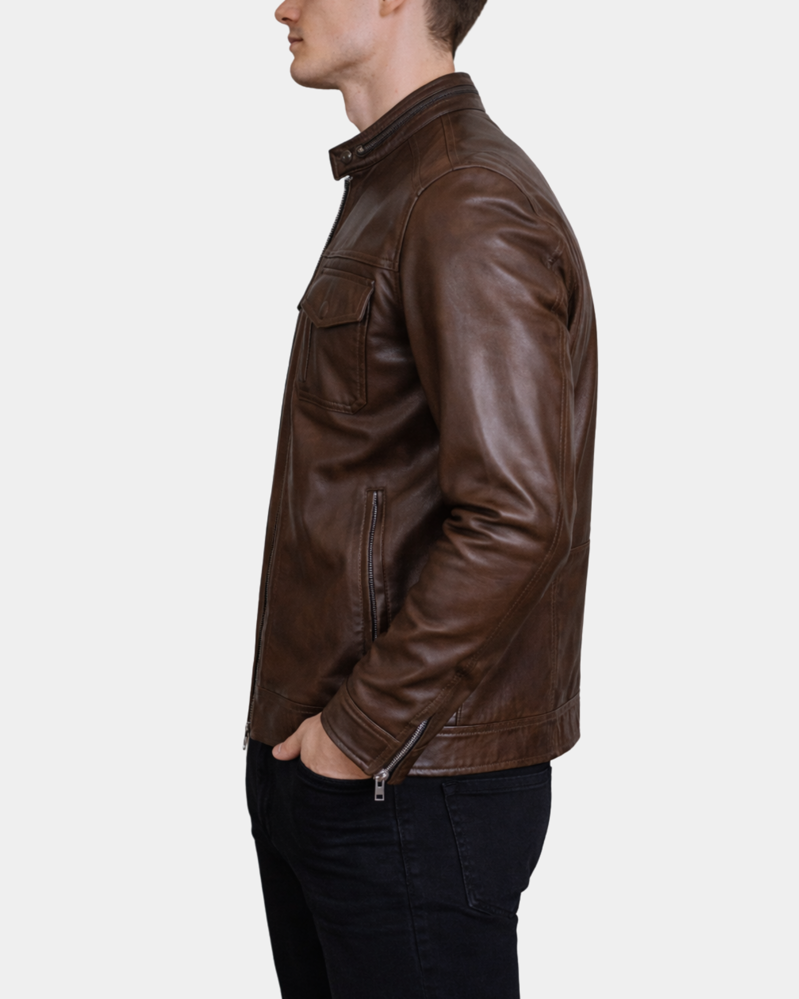 Mens Casual Biker Leather Jacket Jaime Fusion Timber