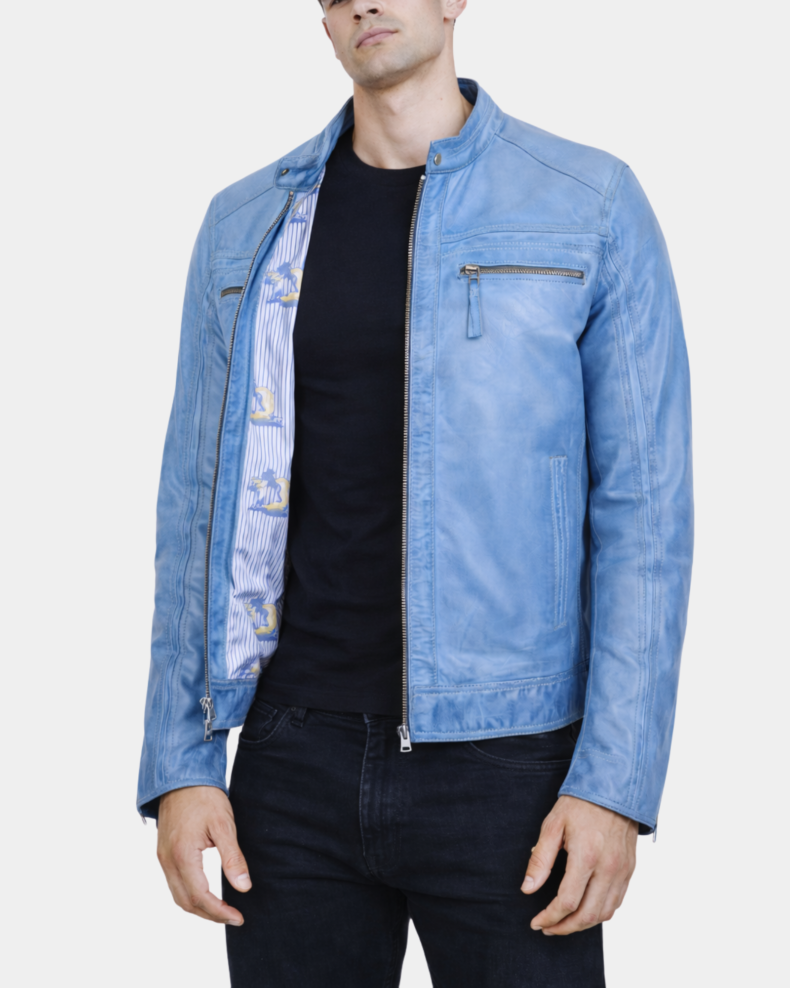 Men's Leather Cafe Racer Biker Jacket Charlie Horizon Sky Blue