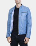 Men’s Leather Cafe Racer Biker Jacket Charlie – Horizon Sky Blue – product view 1