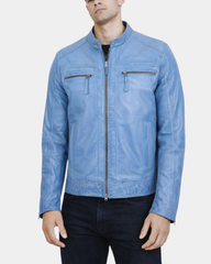 Men's Leather Cafe Racer Biker Jacket Charlie Horizon Sky Blue