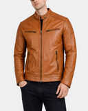 Men’s Leather Cafe Racer Biker Jacket – Dynamo Tan – product view 3