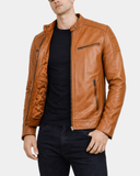 Men’s Leather Cafe Racer Biker Jacket – Dynamo Tan – product view 1