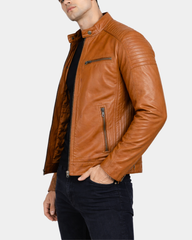 Mens Leather Cafe Racer Biker Jacket Dynamo Tan
