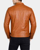Men’s Leather Cafe Racer Biker Jacket – Dynamo Tan – product view 2