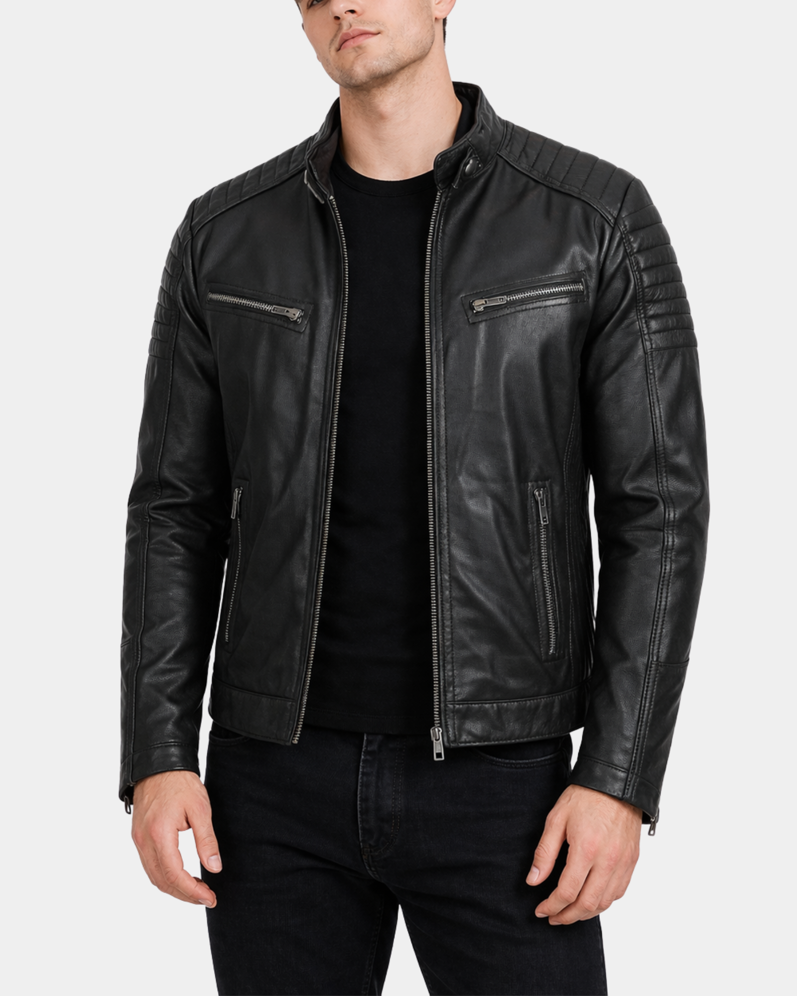 Men's Leather Cafe Racer Biker Jacket Ron Nova Black