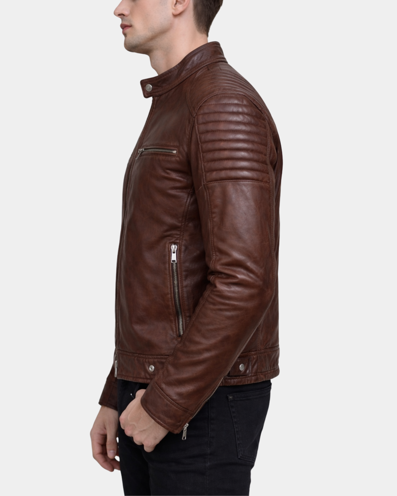 Men's Leather Cafe Racer Biker Jacket Ron Zenith Brown