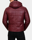 Men’s Leather Hooded Puffer Jacket – Infinite Burgundy – product view 2