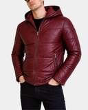 Men’s Leather Hooded Puffer Jacket – Infinite Burgundy – product view 1