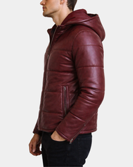 Men's Leather Hooded Puffer Jacket Infinite Burgundy