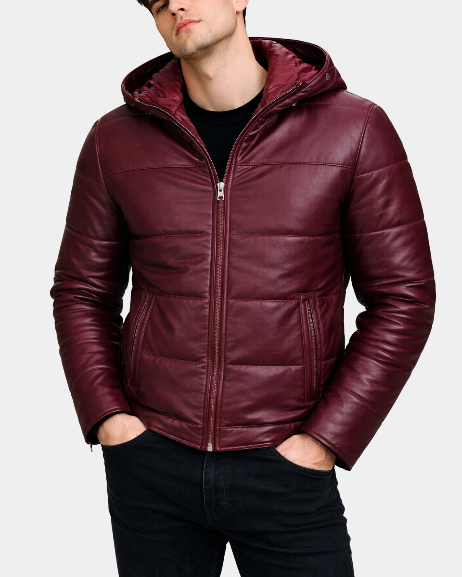 Men's Leather Hooded Puffer Jacket Infinite Burgundy
