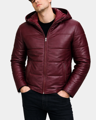 Men's Leather Hooded Puffer Jacket Infinite Burgundy