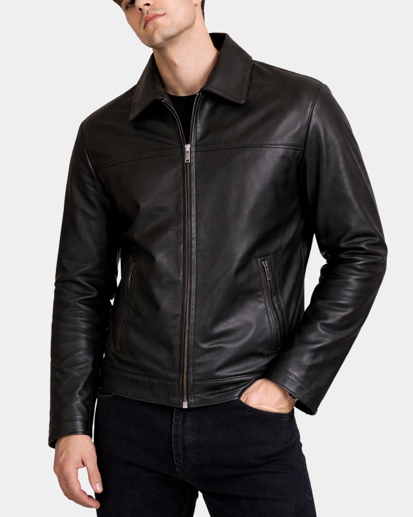 Men's Leather Zip Box Harrington Jacket James Nova Black