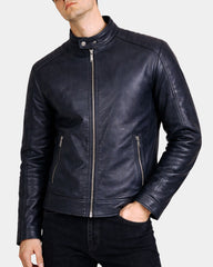 Men's Real Leather Biker Jacket Archie Luna Navy Blue