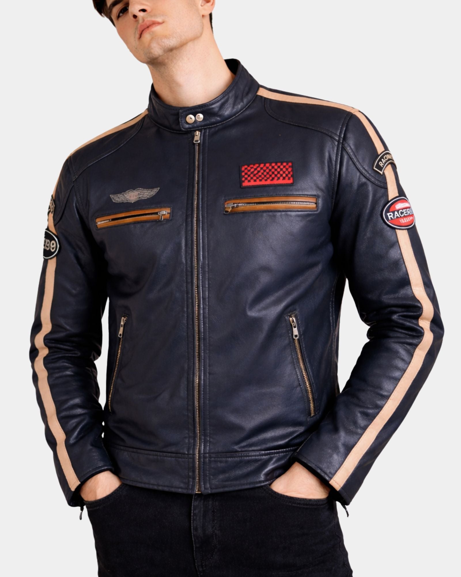 Men's Real Leather Biker Jacket Cafe Racer Style Badges TRON Luna Navy