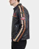 Men’s Real Leather Cafe Racer Biker Jacket with Badges – Luna Navy – product view 3