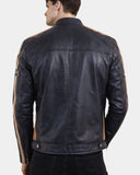 Men’s Real Leather Cafe Racer Biker Jacket with Badges – Luna Navy – product view 2