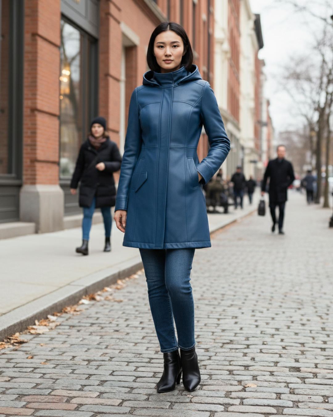 Azure Harbor Detachable-Hood Leather Coat Azure Blue