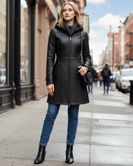 Noir Harbor Detachable Hood Leather Coat Black