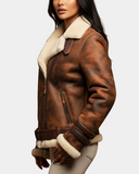Women’s Sheepskin Aviator Cross-Zip Pilot Jacket – Zenith Vintage Brown – product view 3