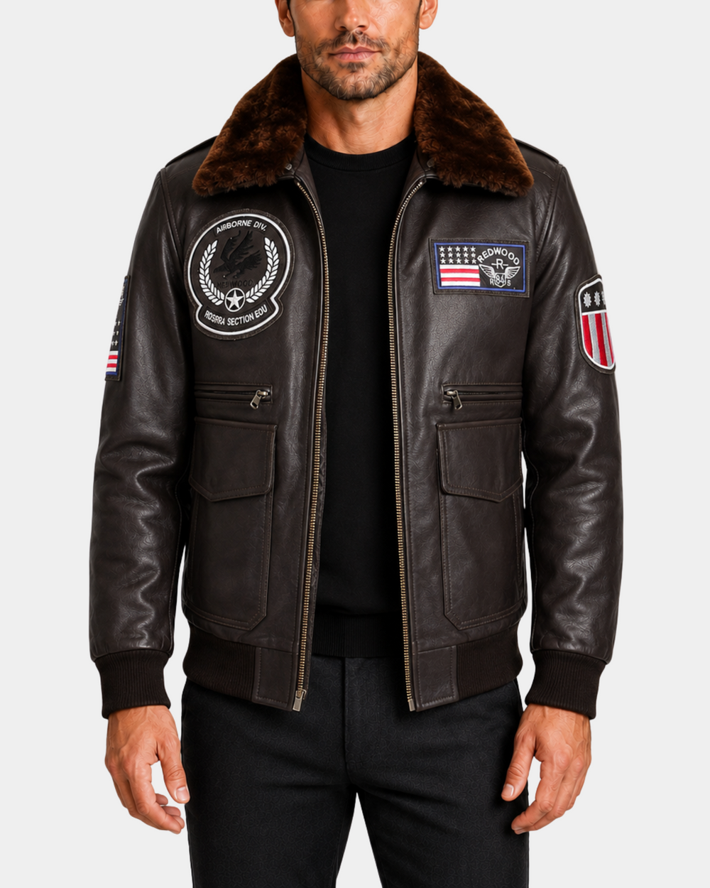 Arthur Zenith Brown leather bomber front open