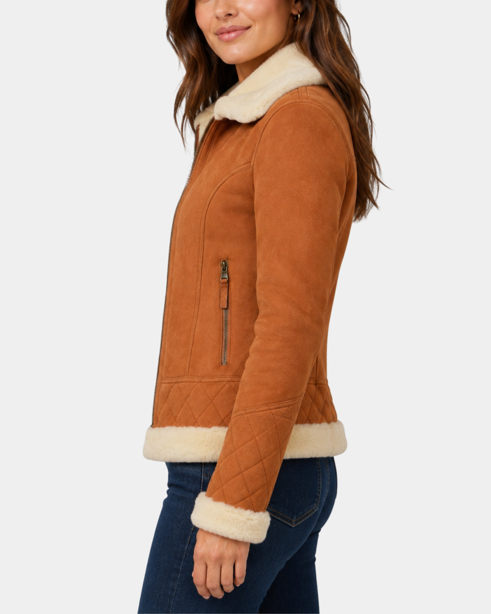 Women's Merino Sheepskin Aviator Jacket Dynamo Tan - side profile