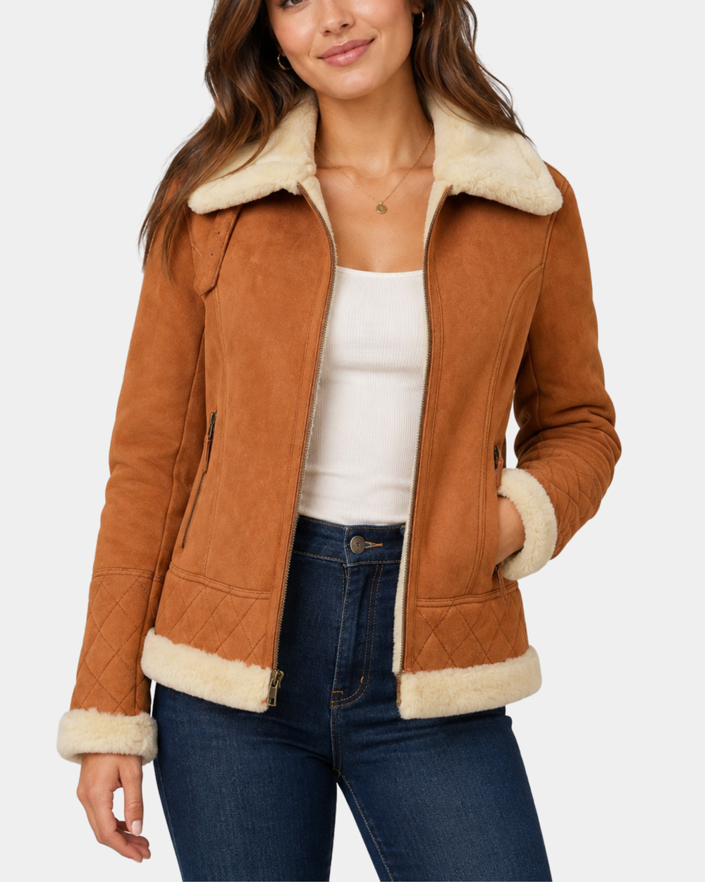 Women's Merino Sheepskin Aviator Jacket Dynamo Tan - front view open