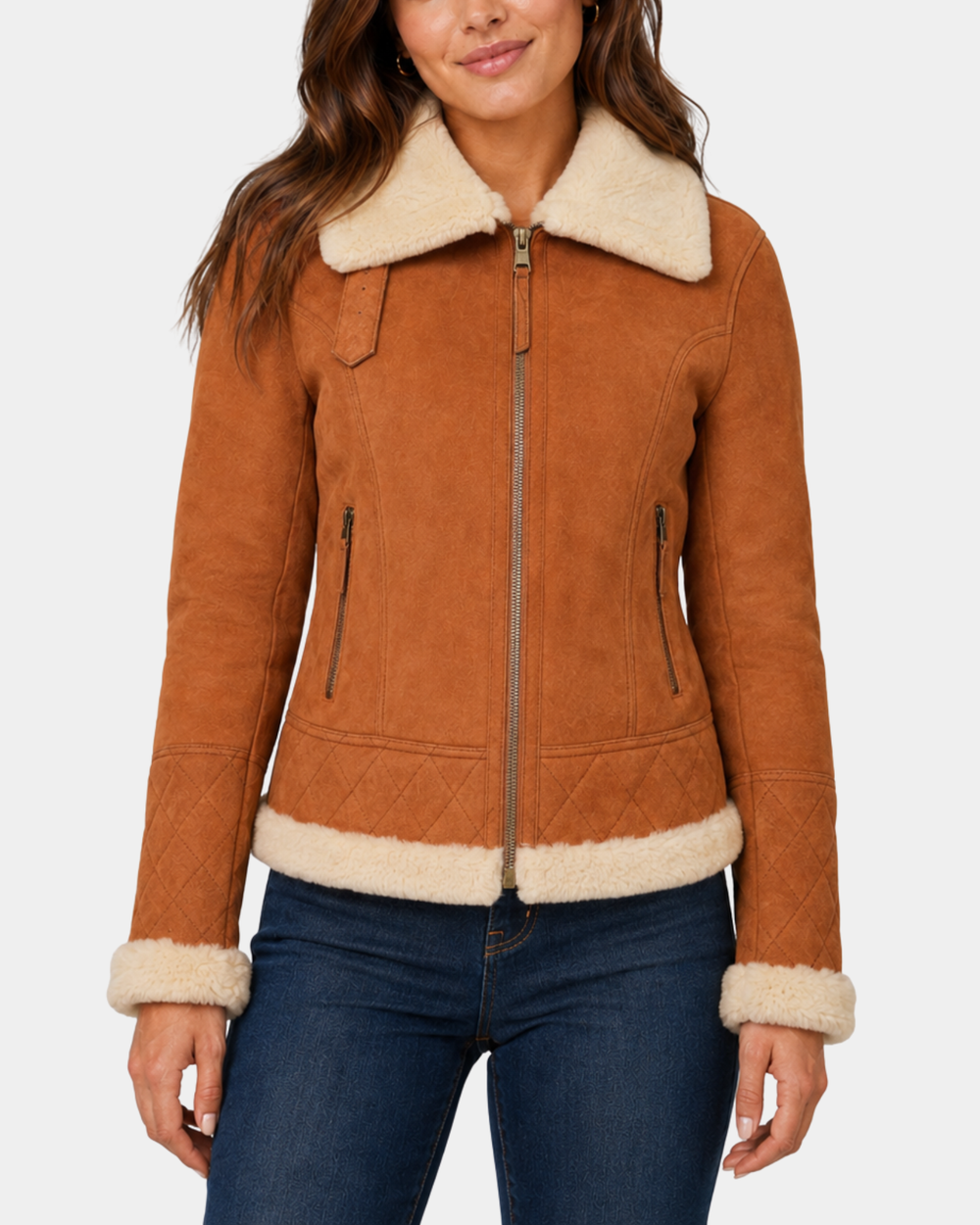 Women's Merino Sheepskin Aviator Jacket Dynamo Tan - front view close up