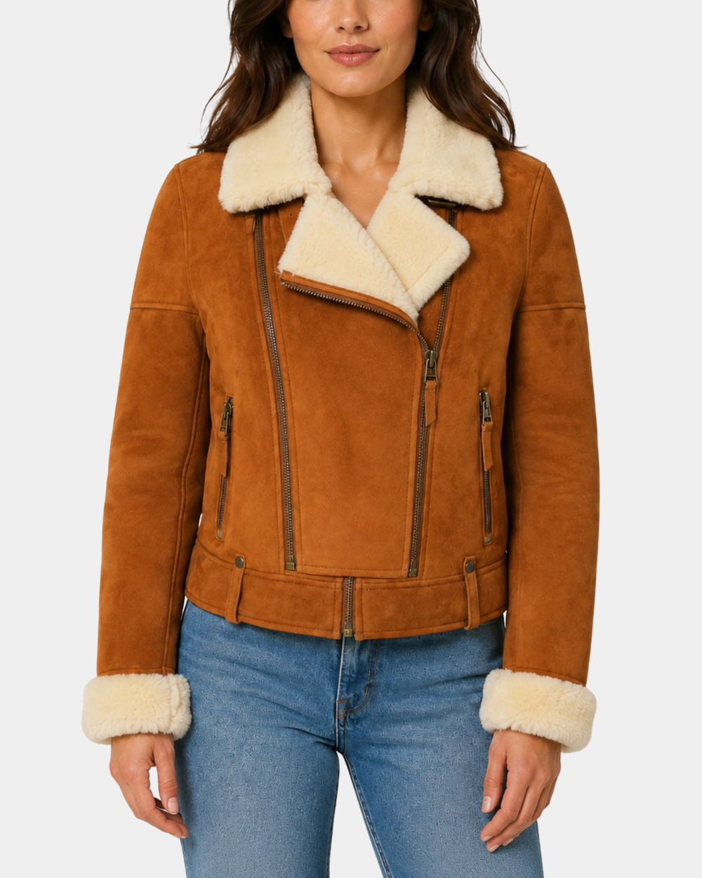 Women's Sheepskin Aviator Pilot Jacket Dynamo Tan White - front view