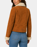 Women's Sheepskin Aviator Pilot Jacket Dynamo Tan White - back view