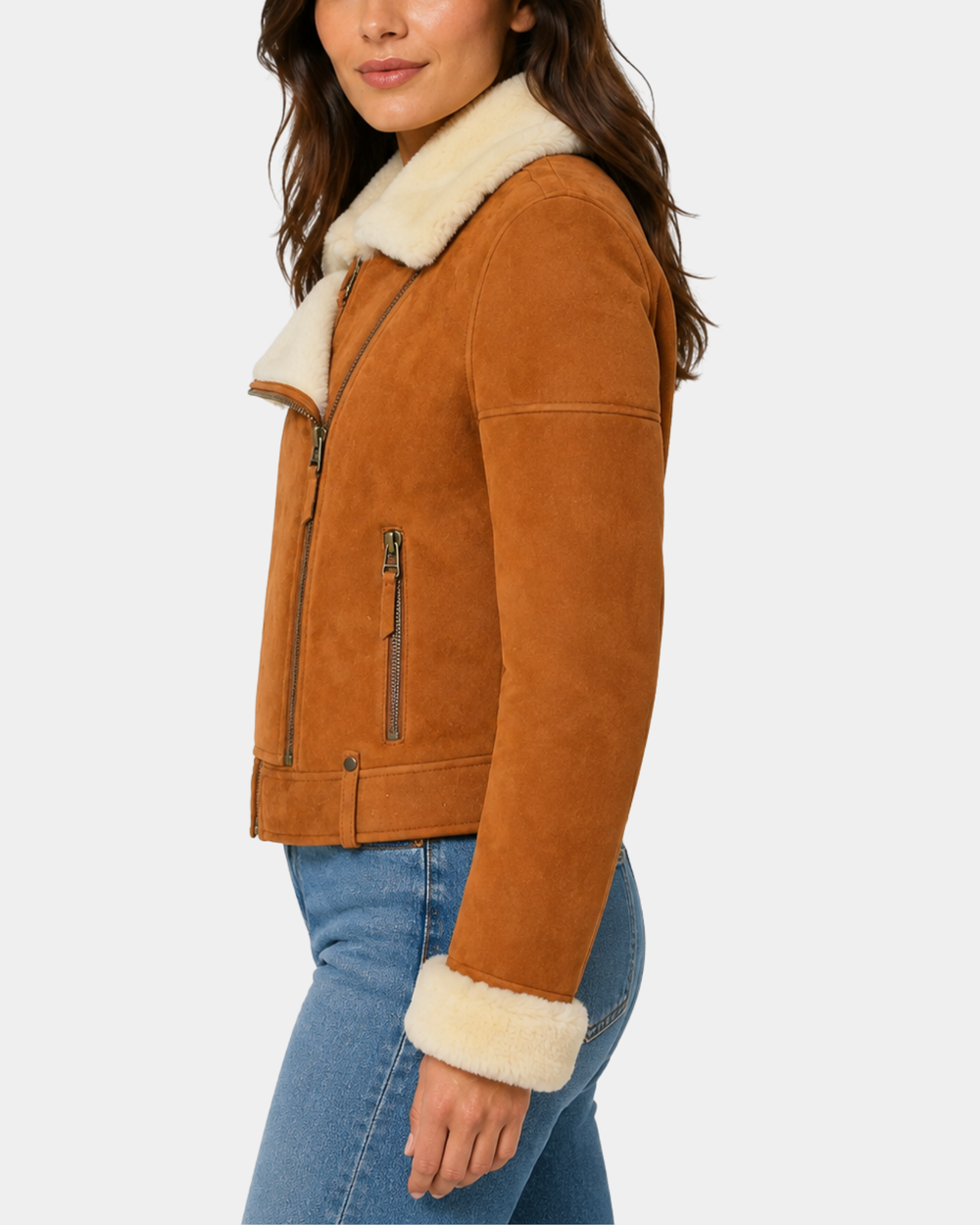 Women's Sheepskin Aviator Pilot Jacket Dynamo Tan White - side profile