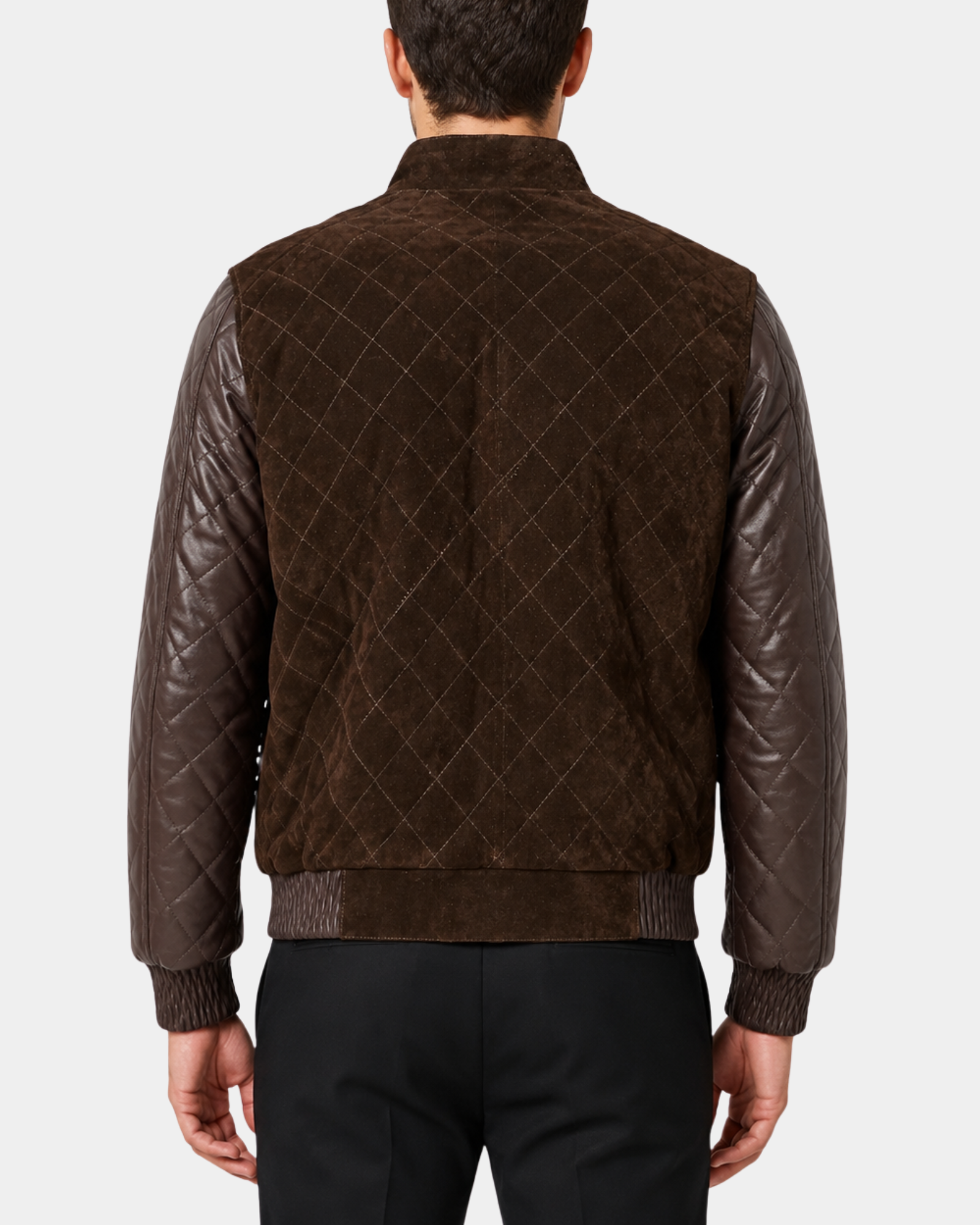 Men's Leather and Suede Bomber Varsity Jacket Bradley Zenith Brown - back view