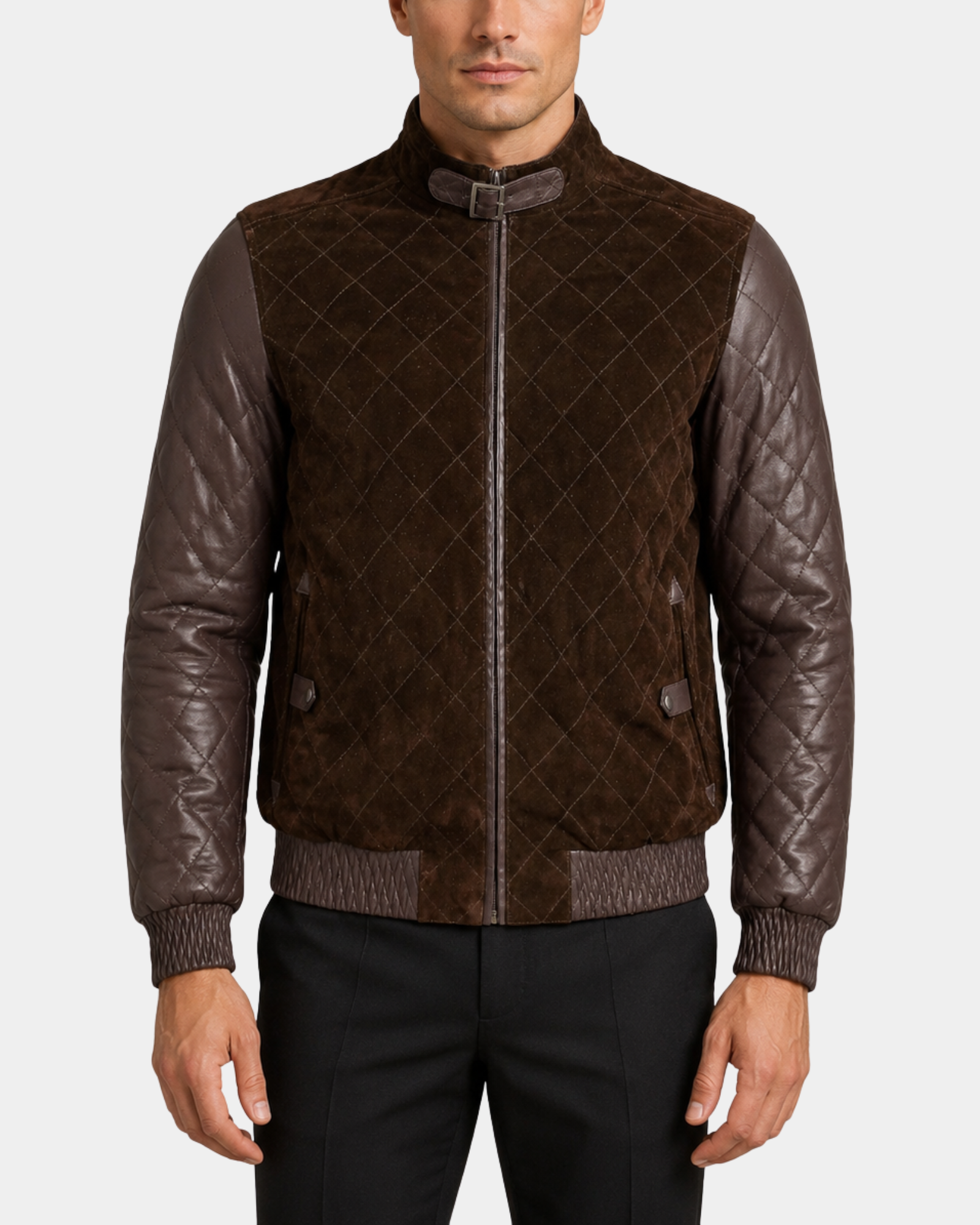 Men's Leather and Suede Bomber Varsity Jacket Bradley Zenith Brown - closed front