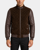 Men's Leather and Suede Bomber Varsity Jacket Bradley Zenith Brown - closed front