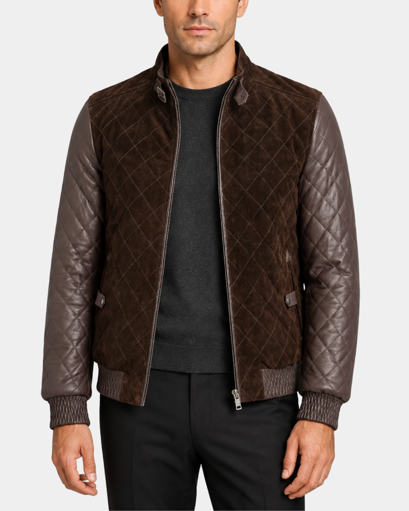 Men's Leather and Suede Bomber Varsity Jacket Bradley Zenith Brown - open front