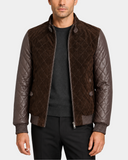 Men's Leather and Suede Bomber Varsity Jacket Bradley Zenith Brown - open front