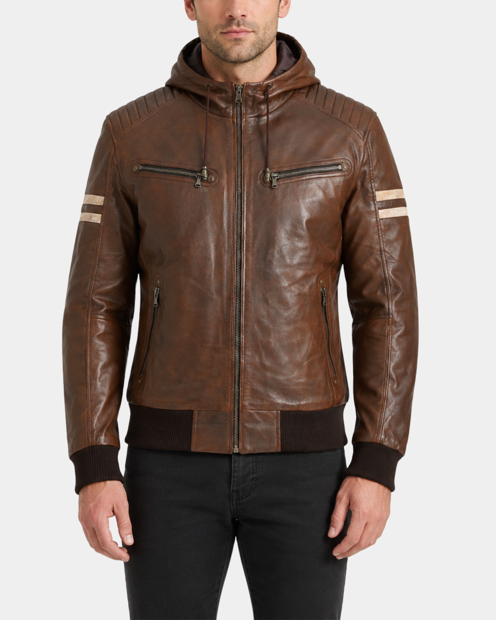 Dallas Cognac detachable hoodie leather bomber jacket closed front