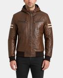 Dallas Cognac detachable hoodie leather bomber jacket closed front