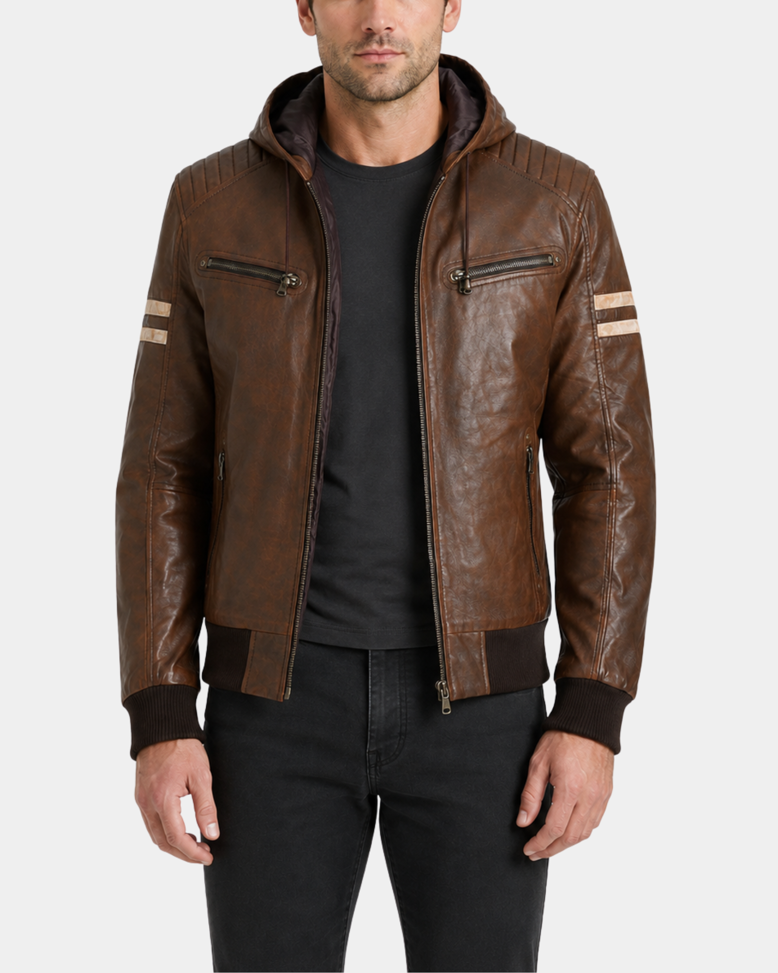 Dallas Cognac detachable hoodie leather bomber jacket open front