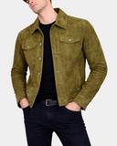 Men's Real Suede Trucker Harrington Jacket Daryl Aurora Green - front open model view