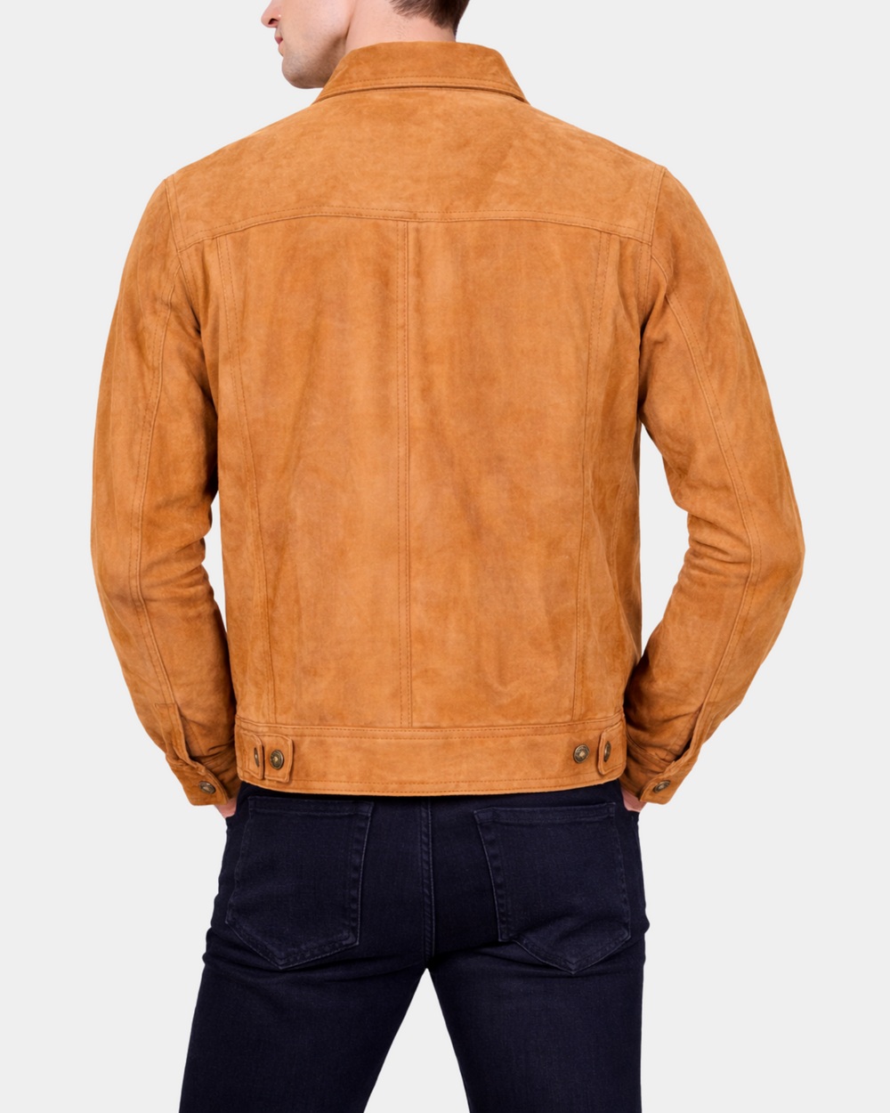 Men's Real Suede Trucker Harrington Jacket Daryl Dynamo Tan - back model view