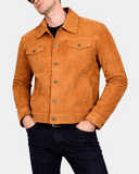 Men's Real Suede Trucker Harrington Jacket Daryl Dynamo Tan - front closed model view