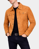 Men's Real Suede Trucker Harrington Jacket Daryl Dynamo Tan - front open model view